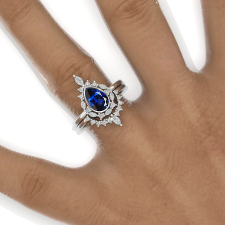 14K White Gold 1.9 Carat Pear Royal Blue Sapphire Halo Engagement Ring Eternity Ring Set