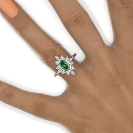 14K White Gold 1.5 Carat Oval Green Moissanite Halo Engagement Ring Model 403