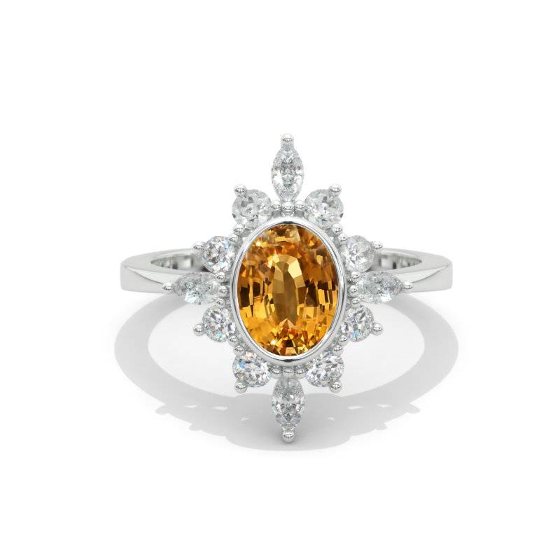 14K White Gold 1.5 Carat Oval Genuine Yellow Citrine Halo Engagement Ring Model 403
