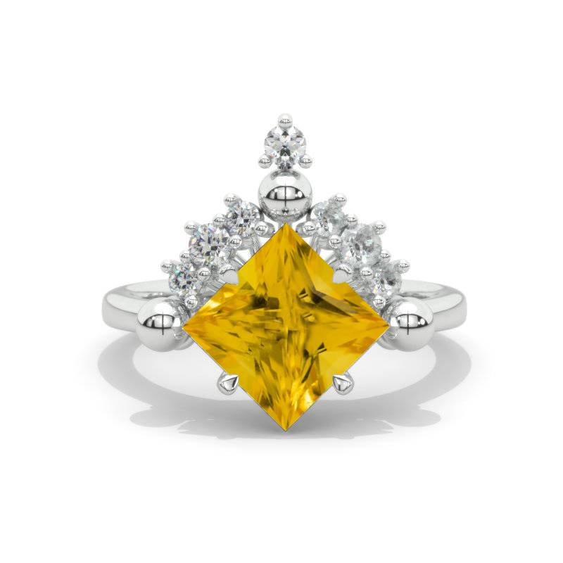 2.5 Carat Princess Cut Genuine Yellow Citrine White Gold Halo Engagement Ring Model 406