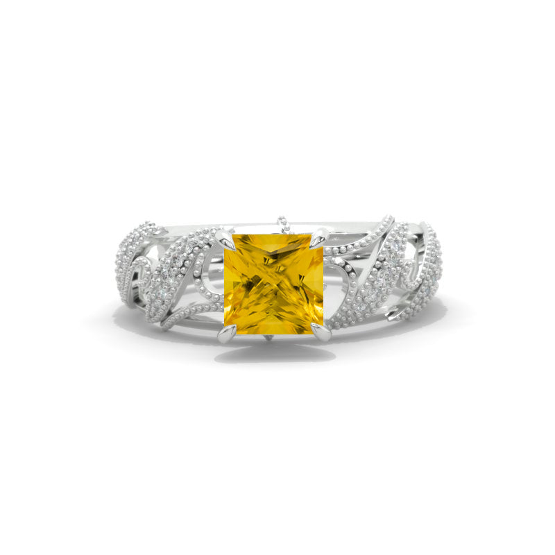 1.0 Carat Princess Genuine Yellow Citrine Engagement Ring 14K White Gold Ring Model 42