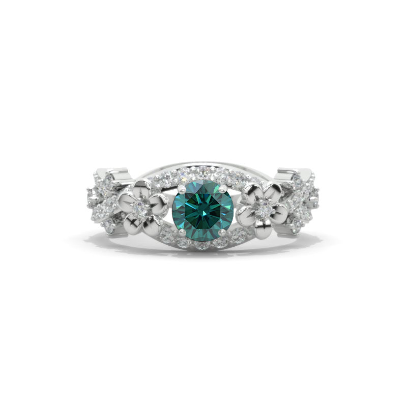 Green Moissanite Celtic Engagement Floral Ring 14K White Gold