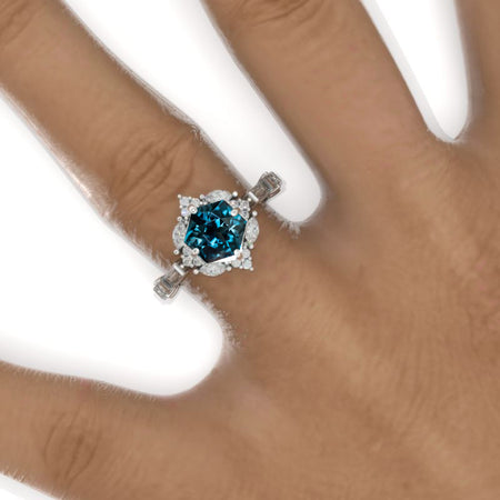 3 Carat Hexagon Genuine London Blue Topaz  Halo 14K White Gold Engagement Ring