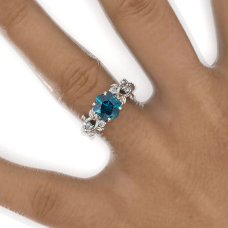 3 Carat Hexagon Teal Sapphire Floral Twig 14K White Gold Engagement Ring