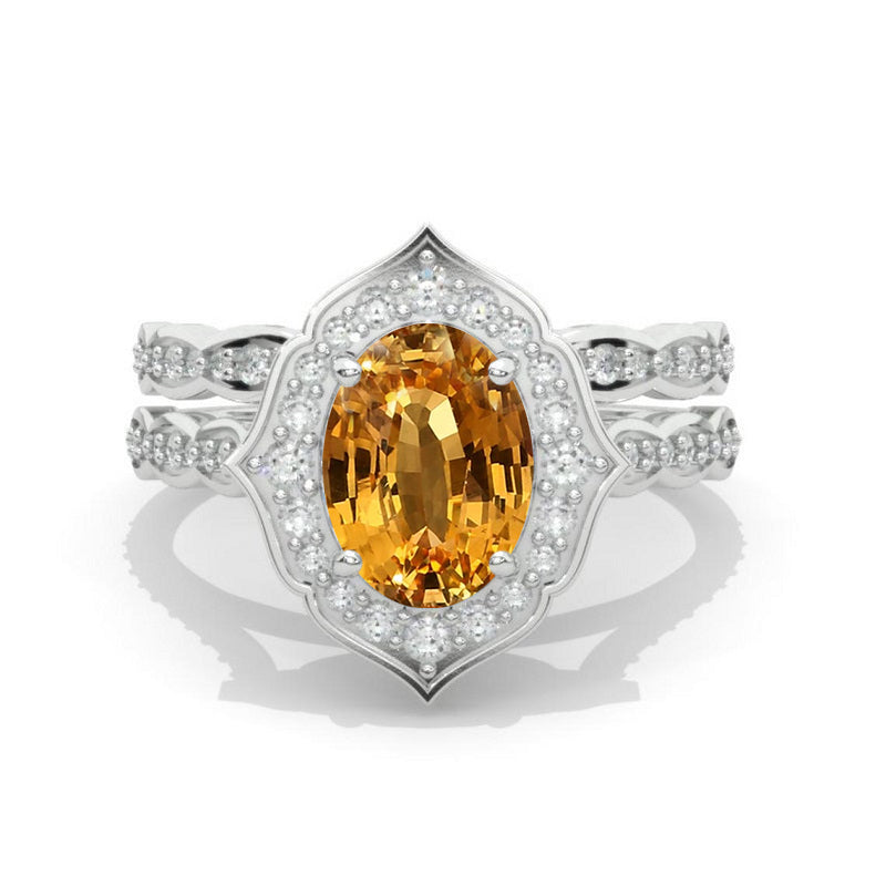 14K Solid Gold Ring 1.5CT Oval Genuine Yellow Citrine Wedding Ring Genuine Yellow Citrine Halo Engagement Ring Anniversary Promise Eternity Gold Ring Set Model 135