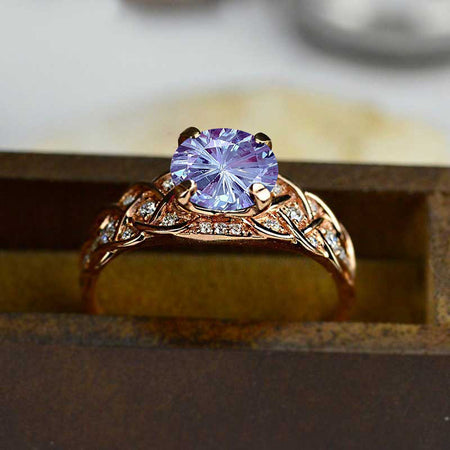 2 Carat Fireworks Cut Alexandrite Ring Round Cut Rose Gold Ring July Birthstone Ring Engagement Ring for Her Accented Side Stones Ring Unique Custom