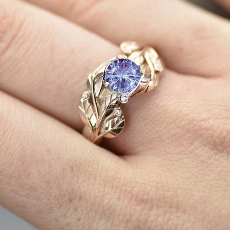 Fireworks Cut Alexandrite and Diamond Accents 14K Rose White Gold Engagement Leaf Ring, Leaves Wedding