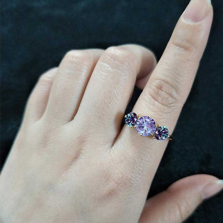 14K Gold Classic Round Three Stone Fireworks Cut Alexandrite Ring, Luxury Engagement Ring. 4 CTW Carat Alexandrite Ring, Gift for Her