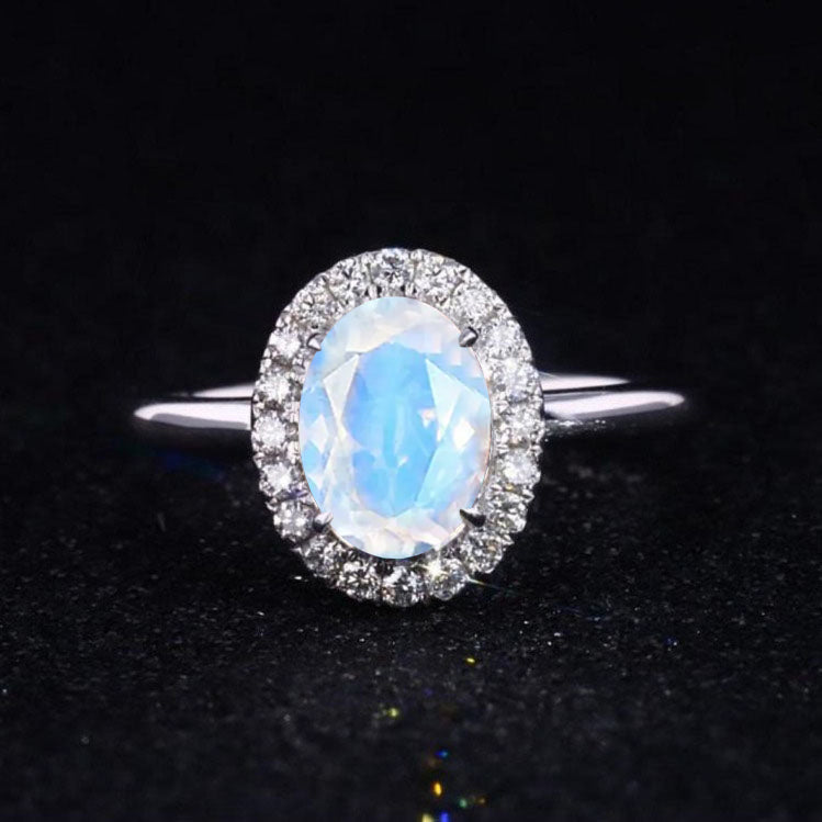 3 Carat Classic Oval Halo Genuine Moonstone Ring, Luxury Prong Setting Oval Cut Engagement Ring