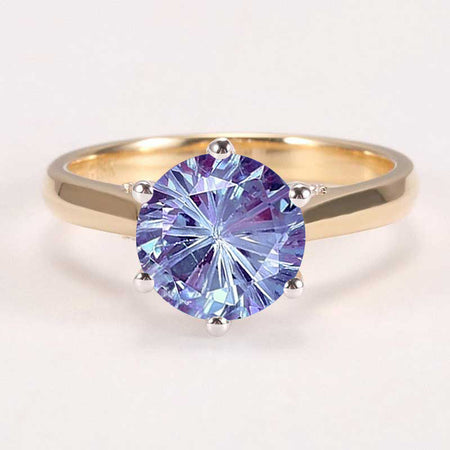 14K Solid Two Tone Gold 2CT Round Fireworks Cut Alexandrite Solitaire Six Prongs Ring Fireworks Cut Alexandrite Hidden Halo Engagement Ring Anniversary Promise Gold Ring