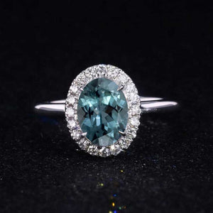 3 Carat Classic Oval Halo Teal Sapphire Ring, Luxury Prong Setting Oval Cut Engagement Ring