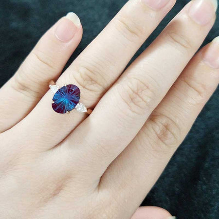 3CT Oval Fireworks Cut Alexandrite Wedding Ring. Three Stone Fireworks Cut Alexandrite Engagement 14K Rose Gold Engagement Ring. Anniversary Ring. Promise Ring
