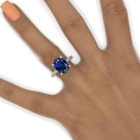 6Ct Oval Royal Blue Sapphire Engagement Ring, Oval Cut Shape Dainty Engagement Ring, Royal Blue Sapphire Hidden Halo Pave accents ring Model 449