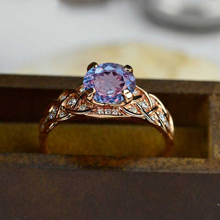 2 Carat Portuguese Cut Alexandrite Ring Round Cut Rose Gold Ring July Birthstone Ring Engagement Ring for Her Accented Side Stones Ring Unique Custom