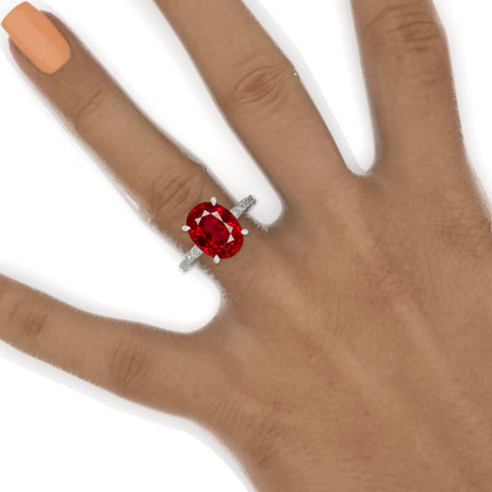 6Ct Oval Ruby Engagement Ring, Oval Cut Shape Dainty Engagement Ring, Ruby Hidden Halo Pave accents ring