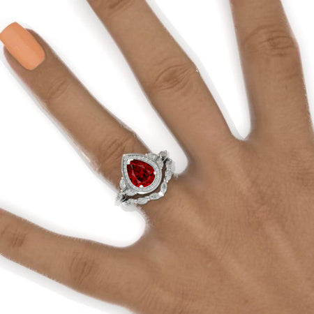 2CT Pear Shape Ruby Engagement Ring Set, White Gold, Halo Vintage Ruby Band, V Band Vintage Anniversary Ring Set