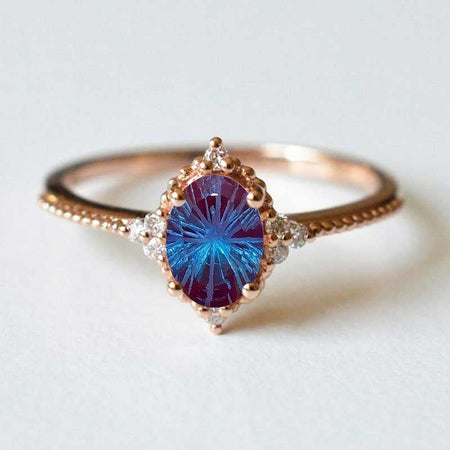 14K Solid Rose Gold Ring 2CT Oval Halo Fireworks Cut Alexandrite Wedding Ring Stone Engagement Ring Anniversary Ring