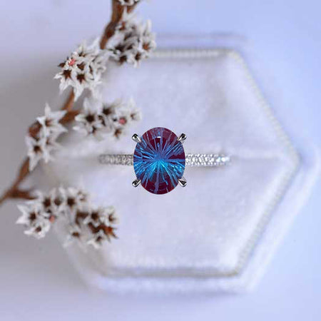 3 Carat Carat Oval Fireworks Cut Alexandrite Ring, Hidden Halo Gold Engagement Ring