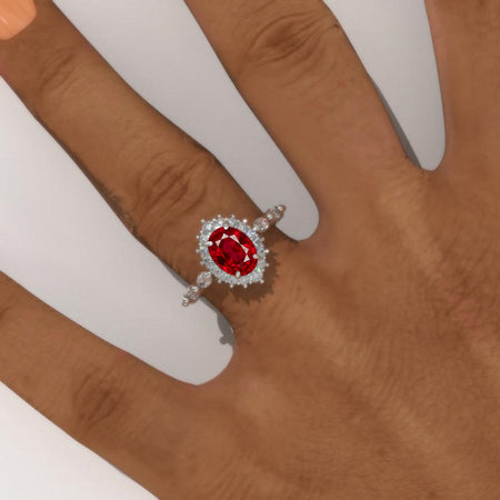 14K Solid Gold Ring 1.5CT Oval Halo Ruby Wedding Ring Stone Engagement Ring Anniversary Ring Yellow White Gold Ring Pave Set Colar