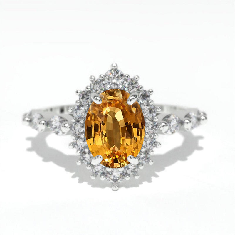 14K Solid Gold Ring 1.5CT Oval Halo Genuine Yellow Citrine Wedding Ring Stone Engagement Ring Anniversary Ring Yellow White Gold Ring Pave Set Colar Model x