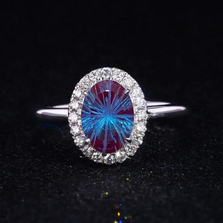 3 Carat Classic Oval Halo Fireworks Cut Alexandrite Ring, Luxury Prong Setting Oval Cut Engagement Ring