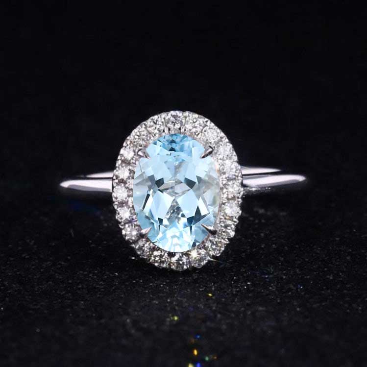 3 Carat Classic Oval Halo Genuine Natural Aquamarine Ring, Luxury Prong Setting Oval Cut Engagement Ring