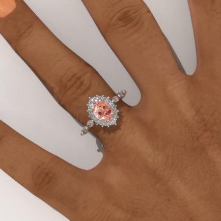 14K Solid Gold Ring 1.5CT Oval Halo Peach Sapphire Wedding Ring Stone Engagement Ring Anniversary Ring Yellow White Gold Ring Pave Set Colar Model x