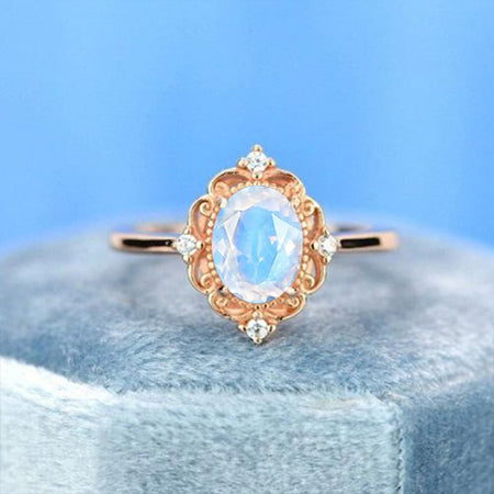 14K Solid Rose Gold Dainty Oval Genuine moonstone Ring, 1.5ct Oval Cut Genuine moonstone Ring, Rose Gold Ring Unique Oval Halo Vintage Ring