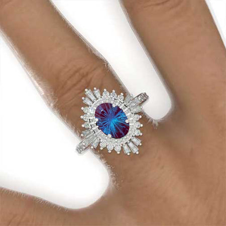 14K Solid Gold Ring 2CT Oval Halo Fireworks Cut Alexandrite Vintage Wedding Ring. Engagement Ring Anniversary Ring, Baguette Double Halo Ring