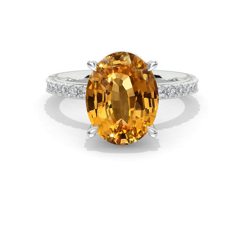 6Ct Oval Genuine Yellow Citrine Engagement Ring, Oval Cut Shape Dainty Engagement Ring, Genuine Yellow Citrine Hidden Halo Pave accents ring Model 449