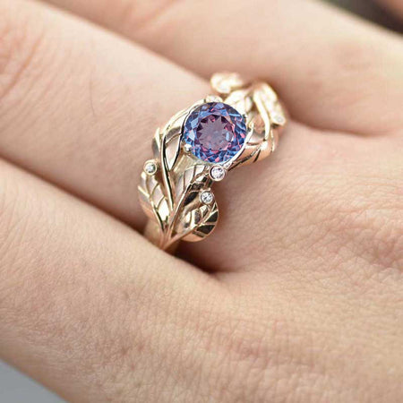 Portuguese Cut Alexandrite and Diamond Accents 14K Rose White Gold Engagement Leaf Ring, Leaves Wedding