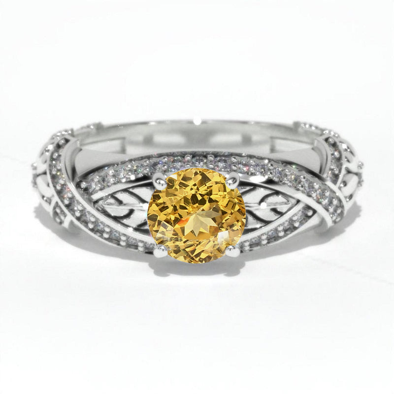 14K Solid Gold 1CT Round Genuine Yellow Citrine Engagement Ring | Wedding, Anniversary & Promise Ring | Model 125