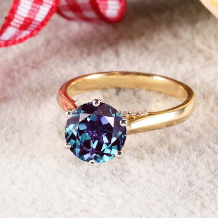 14K Solid Two Tone Gold 2CT Round Alexandrite Solitaire Six Prongs Ring Alexandrite Hidden Halo Engagement Ring Anniversary Promise Gold Ring