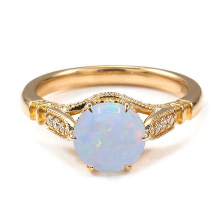 14K Solid Yellow Gold 2CT Round White Opal Solitaire Six Prongs Ring, Vintage Milgrain Engagement Ring Anniversary Promise Gold Ring
