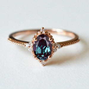 14K Solid Rose Gold Ring 2CT Oval Halo Alexandrite Wedding Ring Stone Engagement Ring Anniversary Ring
