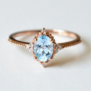 14K Solid Rose Gold Ring 2CT Oval Halo Aquamarine Wedding Ring Stone Engagement Ring Anniversary Ring