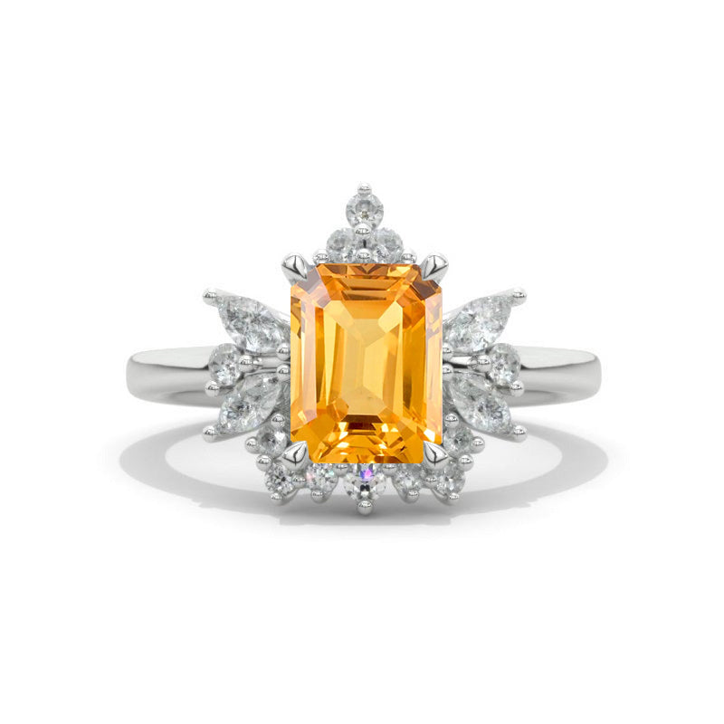 2Ct Genuine Yellow Citrine Halo Engagement Ring, Solitaire Emerald Shape Radiant Cut Genuine Yellow Citrine Engagement Ring, Side Accents Stones 14K Yellow Gold Model 404