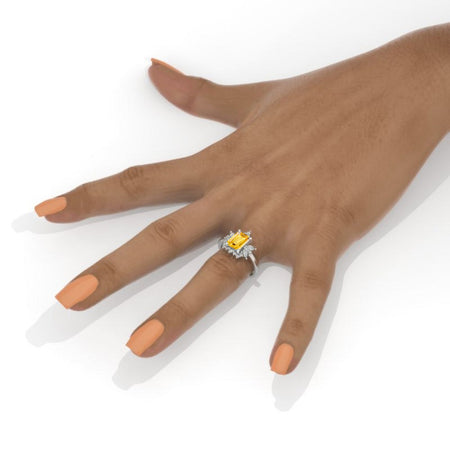 2Ct Yellow Sapphire Halo Engagement Ring, Solitaire Emerald Shape Radiant Cut Yellow Sapphire Engagement Ring, Side Accents Stones 14K Yellow Gold Model 404