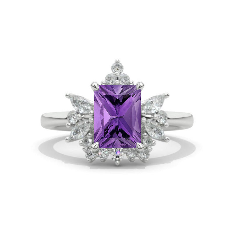 2Ct Natural Amethyst Halo Engagement Ring, Solitaire Emerald Shape