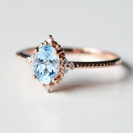 14K Solid Rose Gold Ring 2CT Oval Halo Aquamarine Wedding Ring Stone Engagement Ring Anniversary Ring