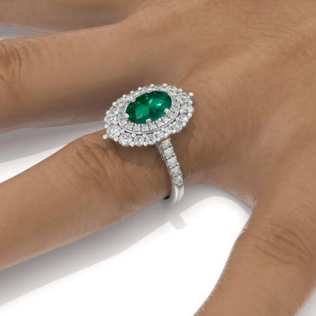 1 Ct Emerald Double Halo Engagement Ring, Vintage Oval Shape Cut Emerald Engagement Ring, Side Accents Stones 14K White Gold