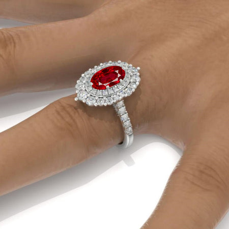 1 Ct Ruby Double Halo Engagement Ring, Vintage Oval Shape Cut Ruby Engagement Ring, Side Accents Stones 14K White Gold