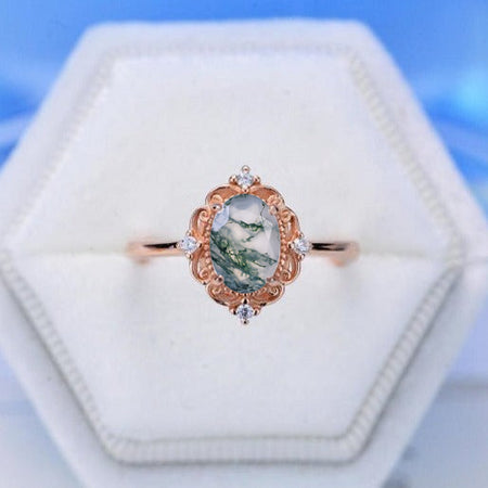 10K Solid Rose Gold Dainty Genuine Moss Agate Ring, 1.5ct Oval Cut Genuine Moss Agate Ring, Rose Gold Ring Unique Oval Halo Vintage Ring.