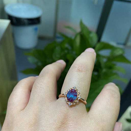 10K Solid Rose Gold Dainty Fireworks Cut Alexandrite Ring, 1.5ct Oval Cut Alexandrite Ring, Rose Gold Ring Unique Oval Halo Vintage Ring