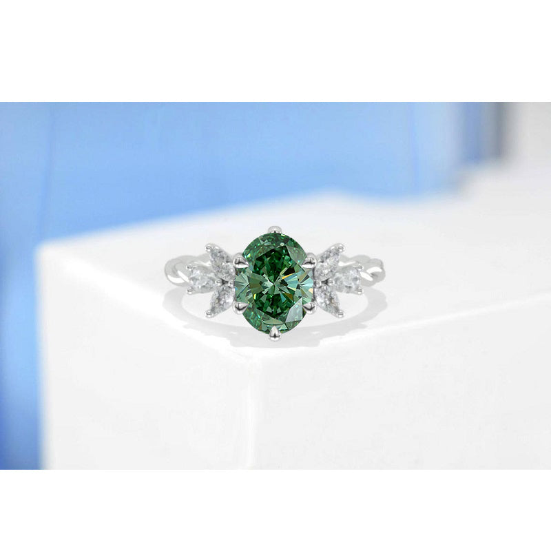 2 Carat Oval Green Moissanite Engagement Ring, Vintage Marquise Cut Rose Gold Ring, 2ct Oval Rope Shank Ring 14k rose gold Model 498