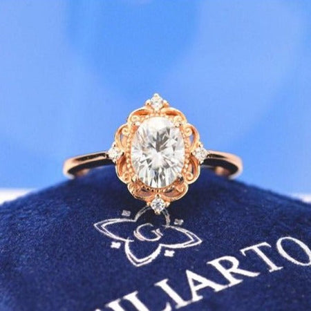 14K Solid Rose Gold Dainty Oval Moissanite Ring, 2ct Oval Cut Moissanite Ring, Rose Gold Ring Unique Oval Halo Vintage Ring