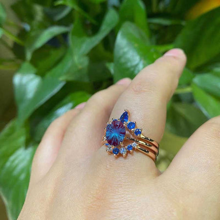 14K Rose Gold Dainty Fireworks Cut Alexandrite Ring Set, 2ct Oval Fireworks Cut Alexandrite Ring Set, Rose Gold Ring Unique Curved Vintage Ring Set