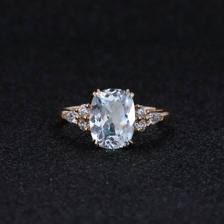 2.5Ct Cushion Aquamarine Vintage Engagement Ring, Cushion Aquamarine Engagement Ring, Marquise Side Accents Stones 14K Rose Gold Ring