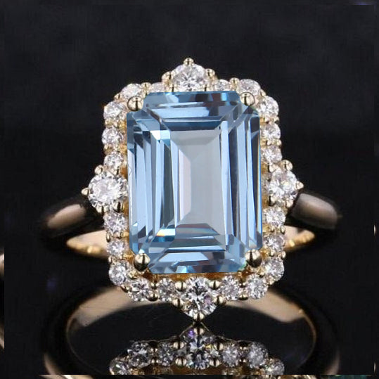 3Ct Genuine Natural Aquamarine Engagement Ring, Emerald Cut Halo Genuine Natural Aquamarine Engagement Ring