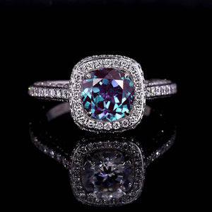2 Carat Round Alexandrite Halo Engagement Ring, Four Prongs Alexandrite Ring, Victorian Vintage 14K White Gold Ring